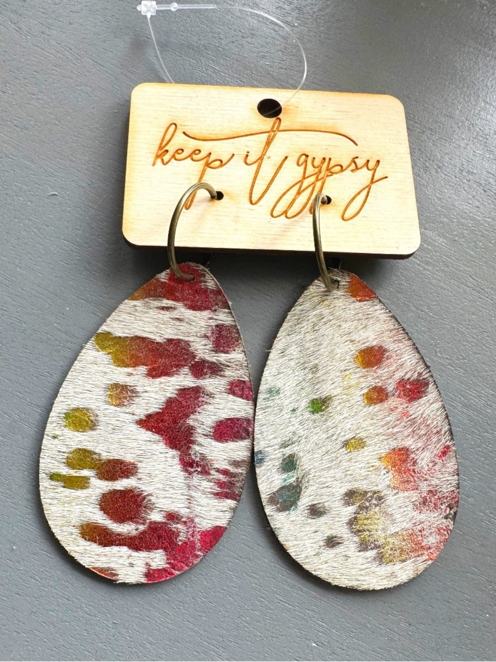 Keep it Gypsy Unicorn Rainbow Hair on Hide Leather Teardrop Shaped earrings NWT